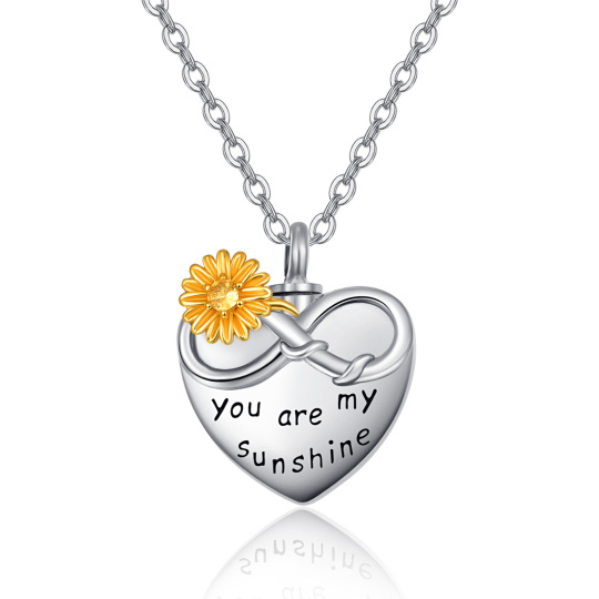 Collana in argento sterling bicolore con ciondolo circolare con girasole e cuore con simbo