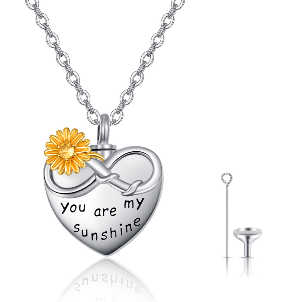 Plata de ley de dos tonos Circular Circonita Girasol y Corazón Infinito Símbolo Colgante C-2