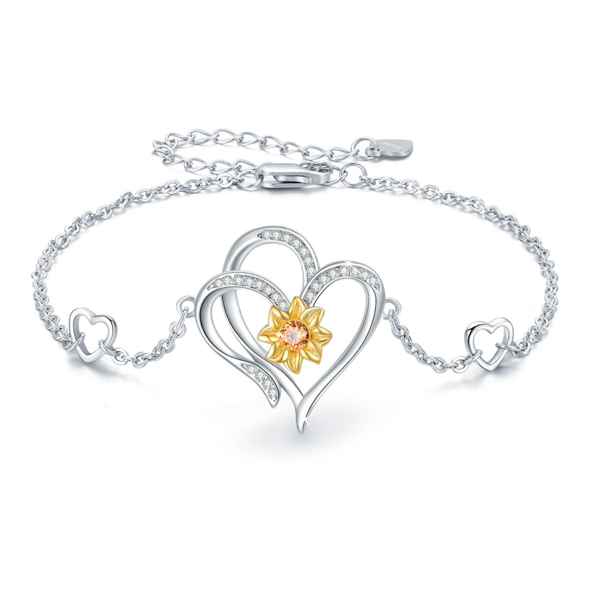 Sterling Silver Two-tone Circular Shaped Cubic Zirconia Sunflower & Heart Charm Bracelet-1