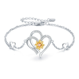 Sterling Silver Two-tone Circular Shaped Cubic Zirconia Sunflower & Heart Charm Bracelet-46