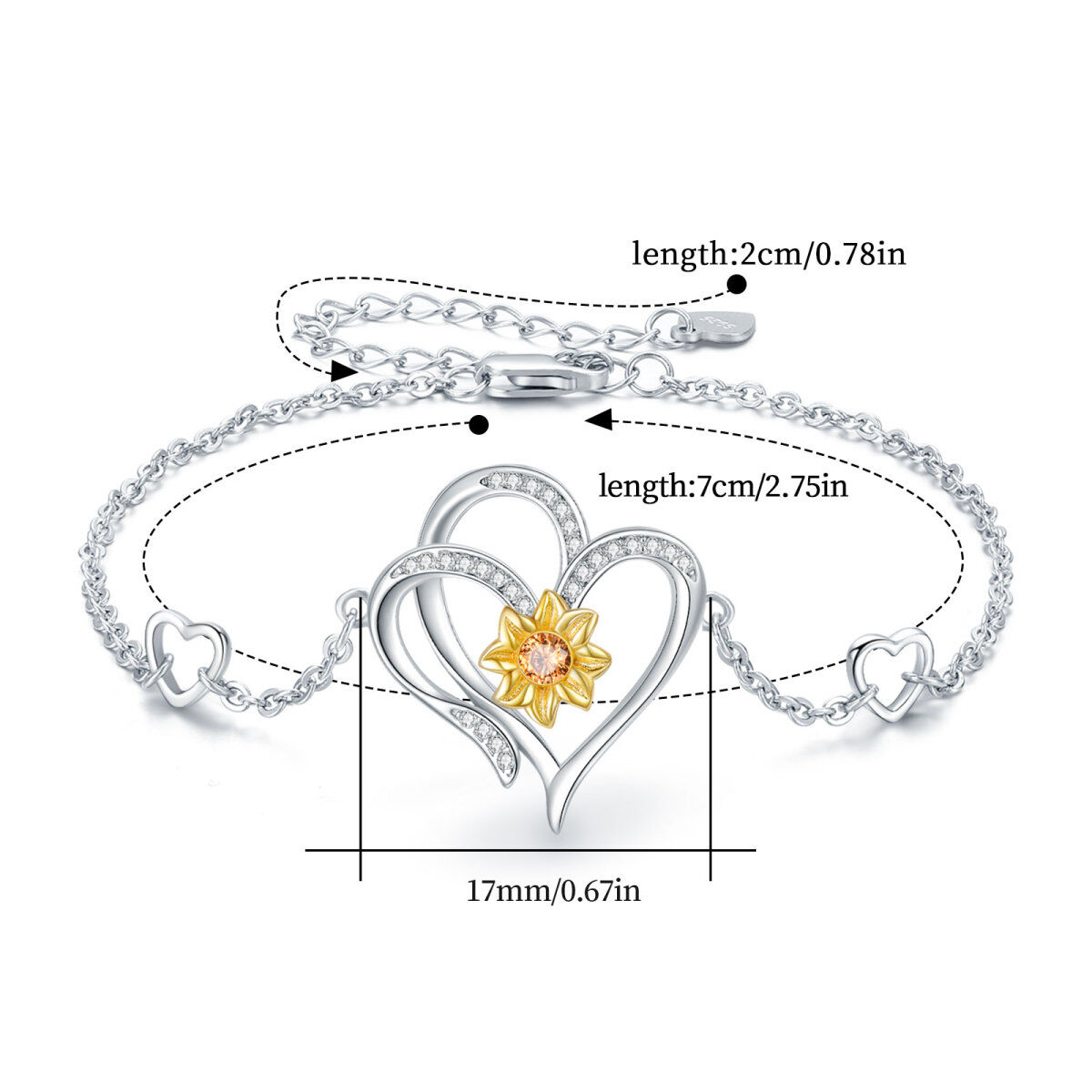 Sterling Silver Two-tone Circular Shaped Cubic Zirconia Sunflower & Heart Charm Bracelet-4