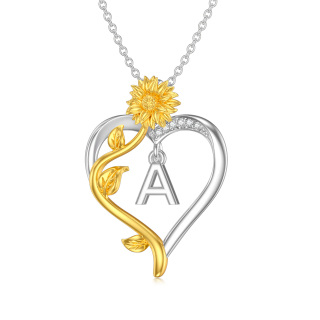 Sterling Silver Two-tone Circular Shaped Cubic Zirconia Sunflower & Heart Pendant Necklace with Initial Letter A-36