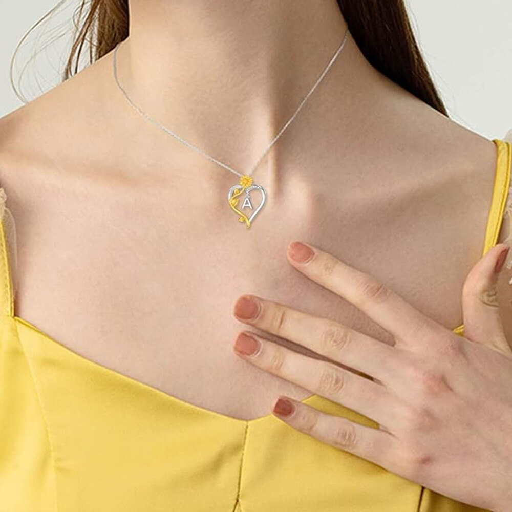 Sterling Silver Two-tone Circular Shaped Cubic Zirconia Sunflower & Heart Pendant Necklace with Initial Letter A-2