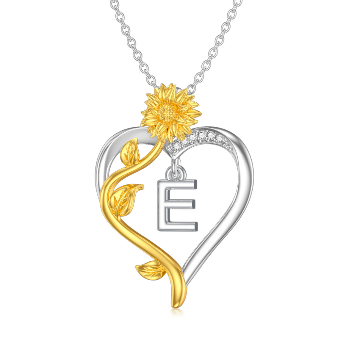 Sterling Silver Two-tone Circular Shaped Cubic Zirconia Sunflower & Heart Pendant Necklace with Initial Letter E-1