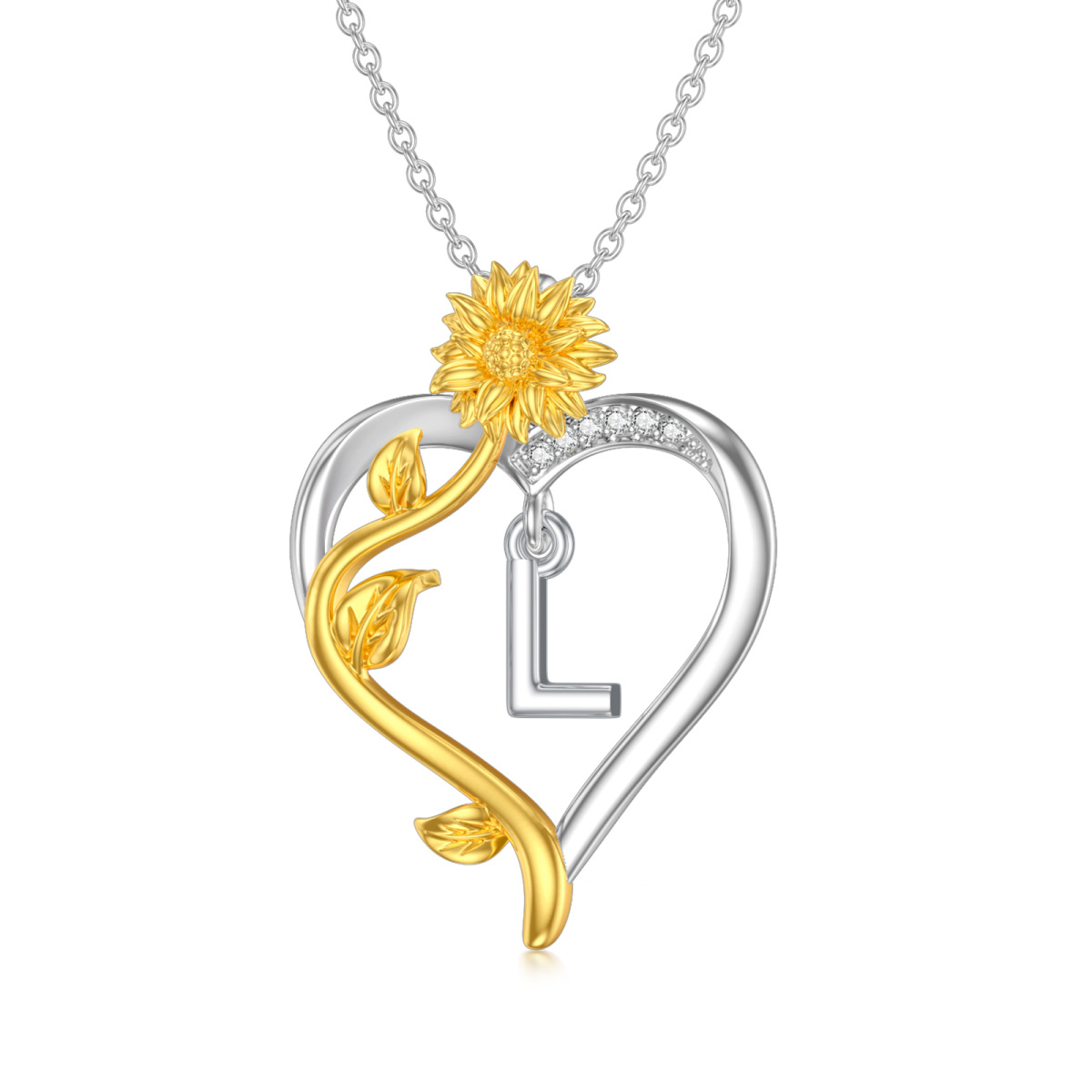 Sterling Silver Two-tone Circular Shaped Cubic Zirconia Sunflower & Heart Pendant Necklace with Initial Letter L-1