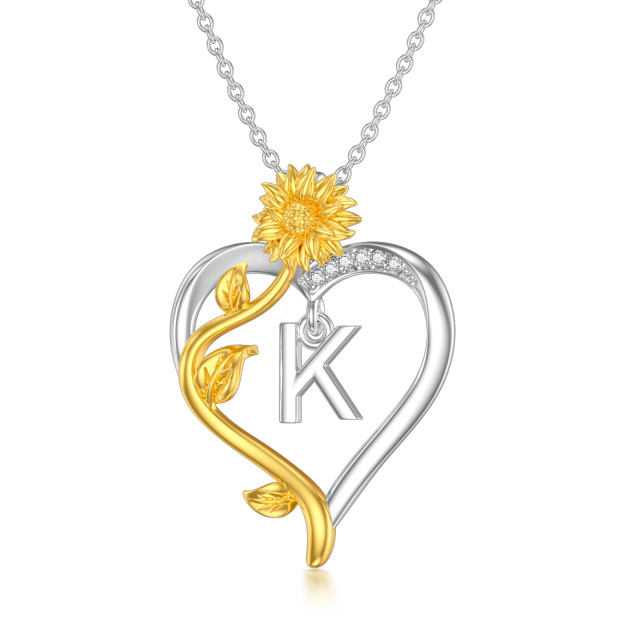 Sterling Silver Two-tone Circular Shaped Cubic Zirconia Sunflower & Heart Pendant Necklace with Initial Letter K-1