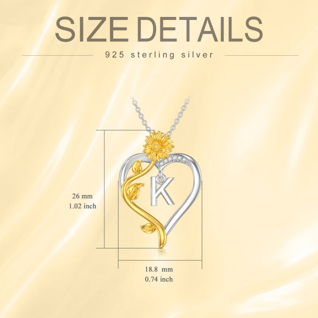 Sterling Silver Two-tone Circular Shaped Cubic Zirconia Sunflower & Heart Pendant Necklace with Initial Letter K-3