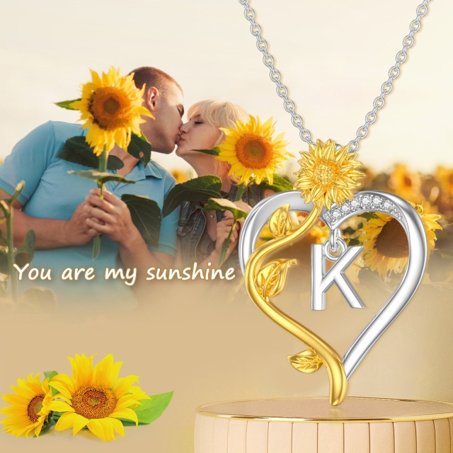 Sterling Silver Two-tone Circular Shaped Cubic Zirconia Sunflower & Heart Pendant Necklace with Initial Letter K-4