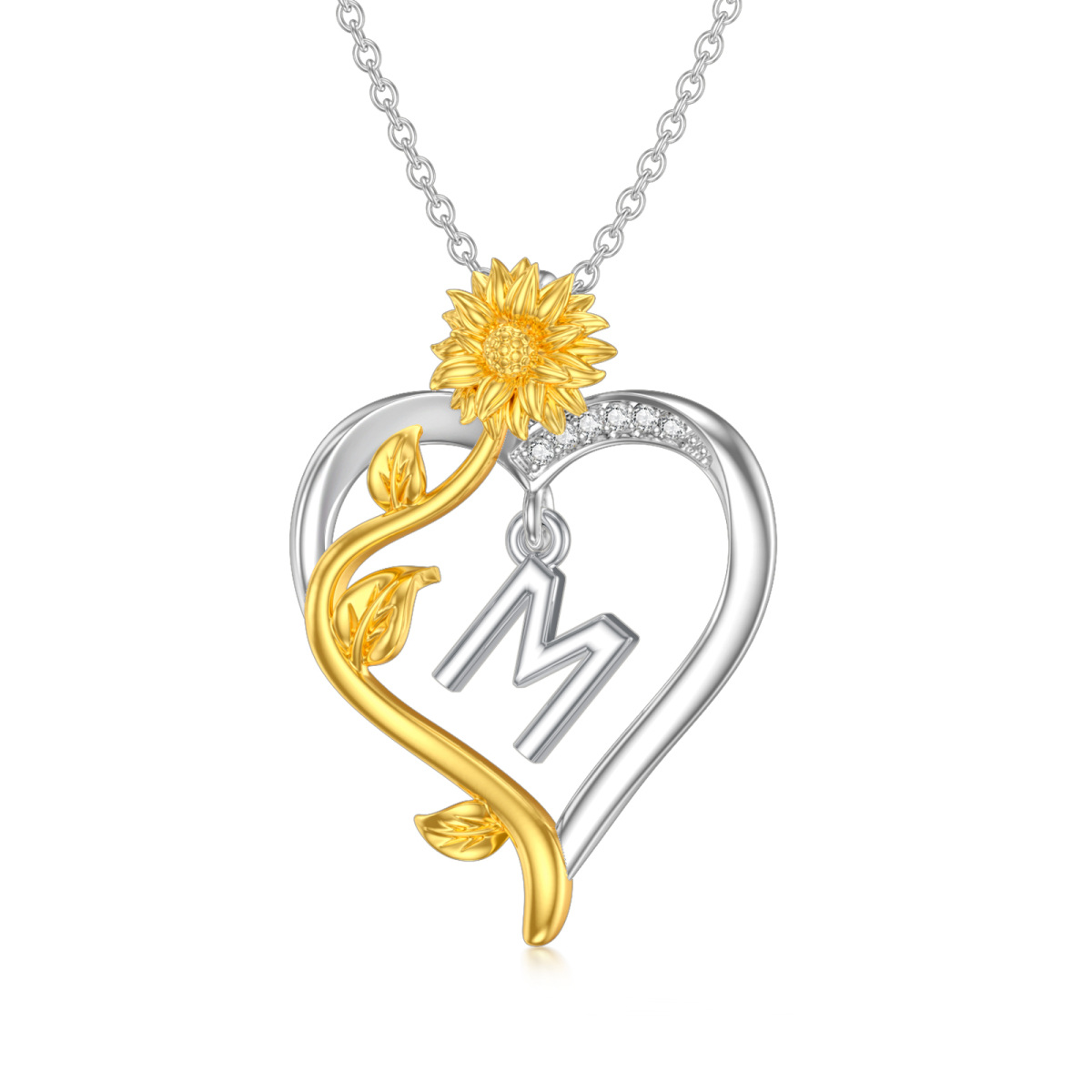 Sterling Silver Two-tone Circular Shaped Cubic Zirconia Sunflower & Heart Pendant Necklace with Initial Letter M-1