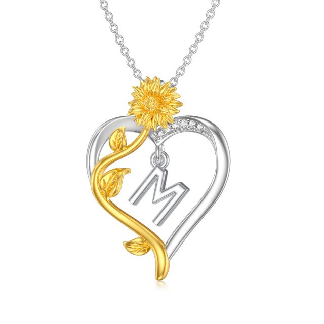 Collier en argent sterling bicolore avec pendentif tournesol et coeur en zircon cubique et-1