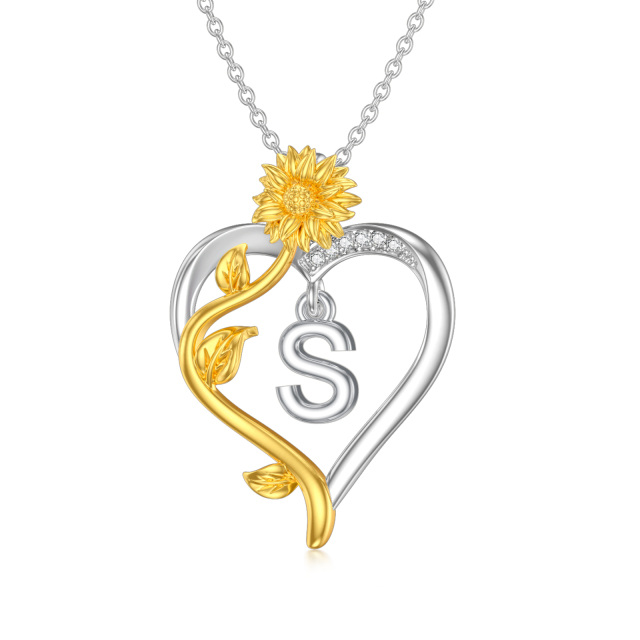 Sterling Silver Two-tone Circular Shaped Cubic Zirconia Sunflower & Heart Pendant Necklace with Initial Letter S-1