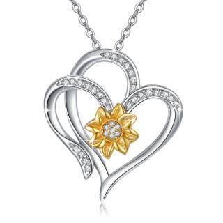 Sterling Silver Two-tone Circular Shaped Cubic Zirconia Sunflower & Heart Pendant Necklace-40