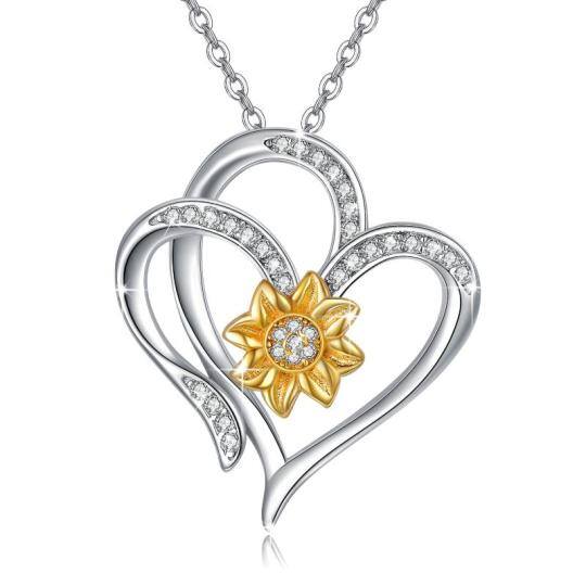 Sterling Silver Two-tone Circular Shaped Cubic Zirconia Sunflower & Heart Pendant Necklace