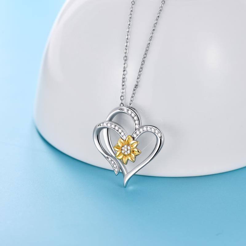 Sterling Silver Two-tone Circular Shaped Cubic Zirconia Sunflower & Heart Pendant Necklace-4