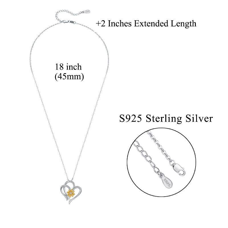 Sterling Silver Two-tone Circular Shaped Cubic Zirconia Sunflower & Heart Pendant Necklace-5