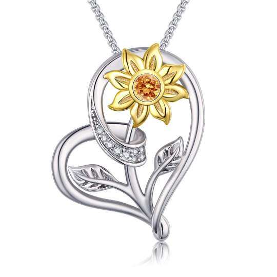 Sterling Silver Two-tone Circular Shaped Cubic Zirconia Sunflower & Heart Pendant Necklace