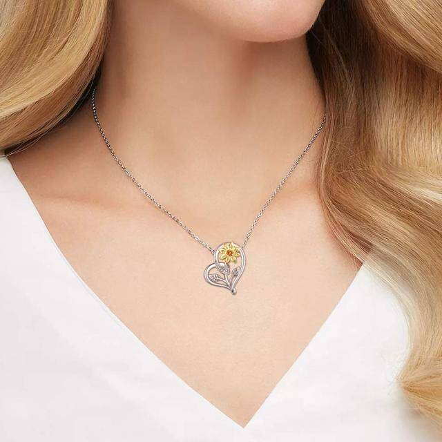 Collier en argent sterling avec pendentif tournesol et cœur en zircon cubique bicolore-2