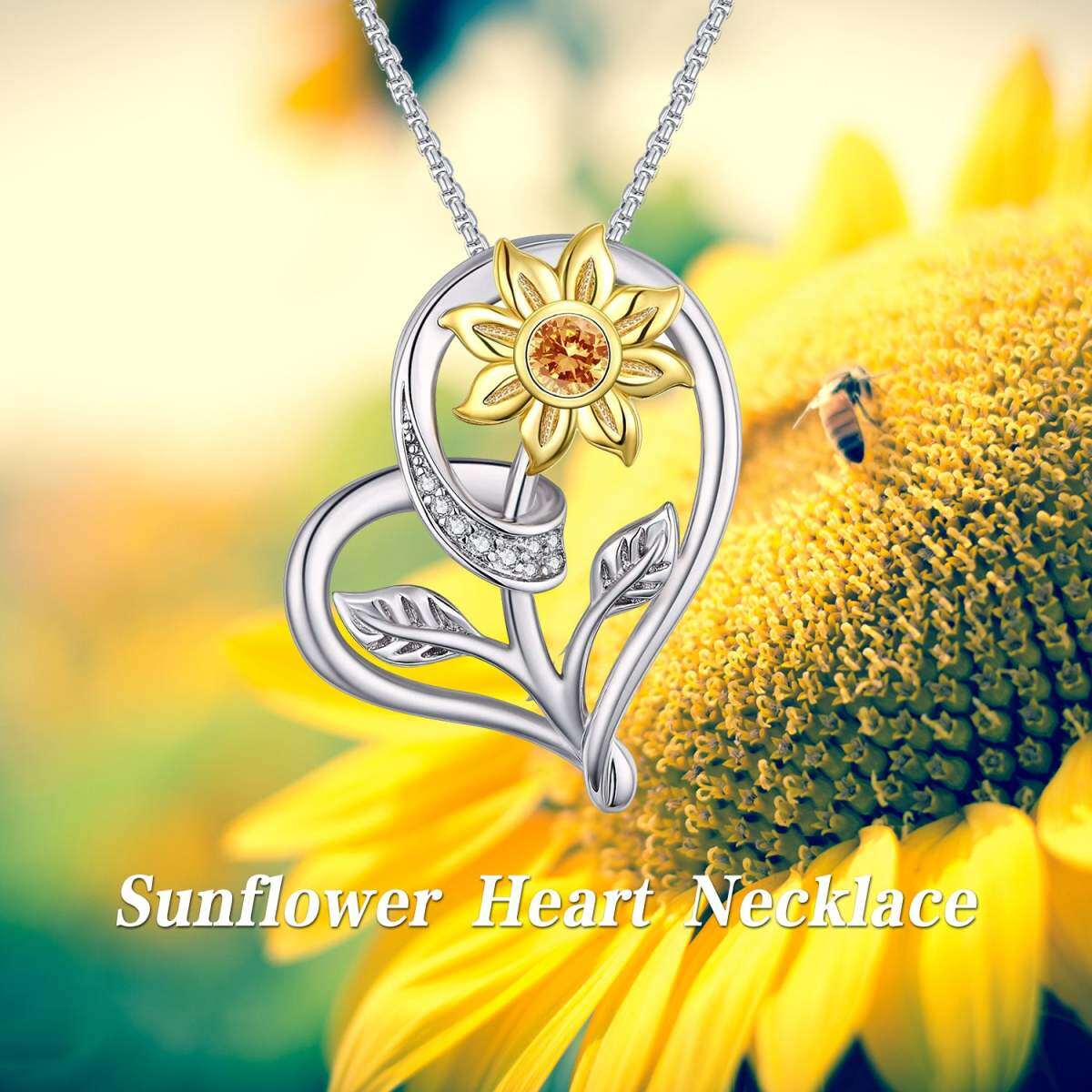 Collana in argento sterling bicolore a forma di circolare con girasole e cuore in zirconia-3