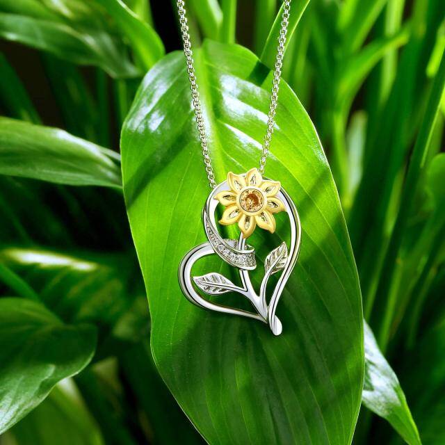 Sterling Silber zweifarbig kreisförmig Cubic Zirkonia Sonnenblume & Herz-Anhänger Halskett-4