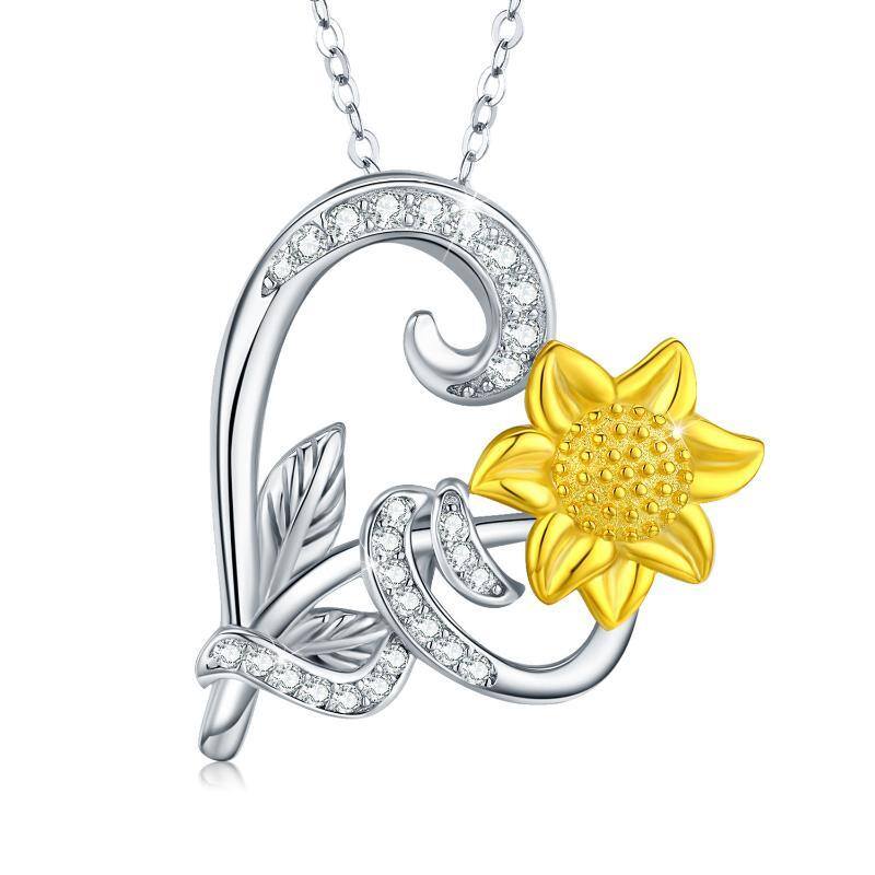 Sterling Silver Two-tone Circular Shaped Cubic Zirconia Sunflower & Heart Pendant Necklace-1