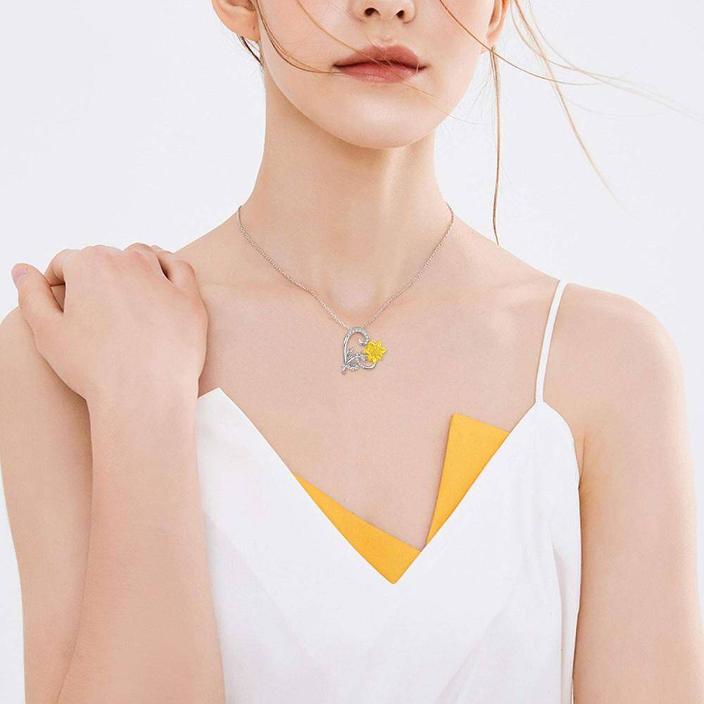 Zweifarbige Halskette aus Sterlingsilber mit rundem Sonnenblumen-Herzanhänger und Zirkonia-2