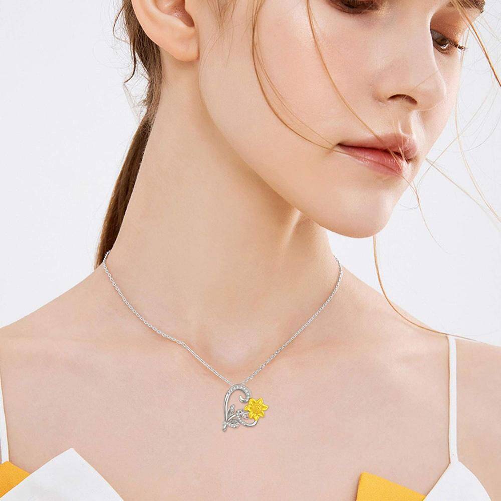 Zweifarbige Halskette aus Sterlingsilber mit rundem Sonnenblumen-Herzanhänger und Zirkonia-3