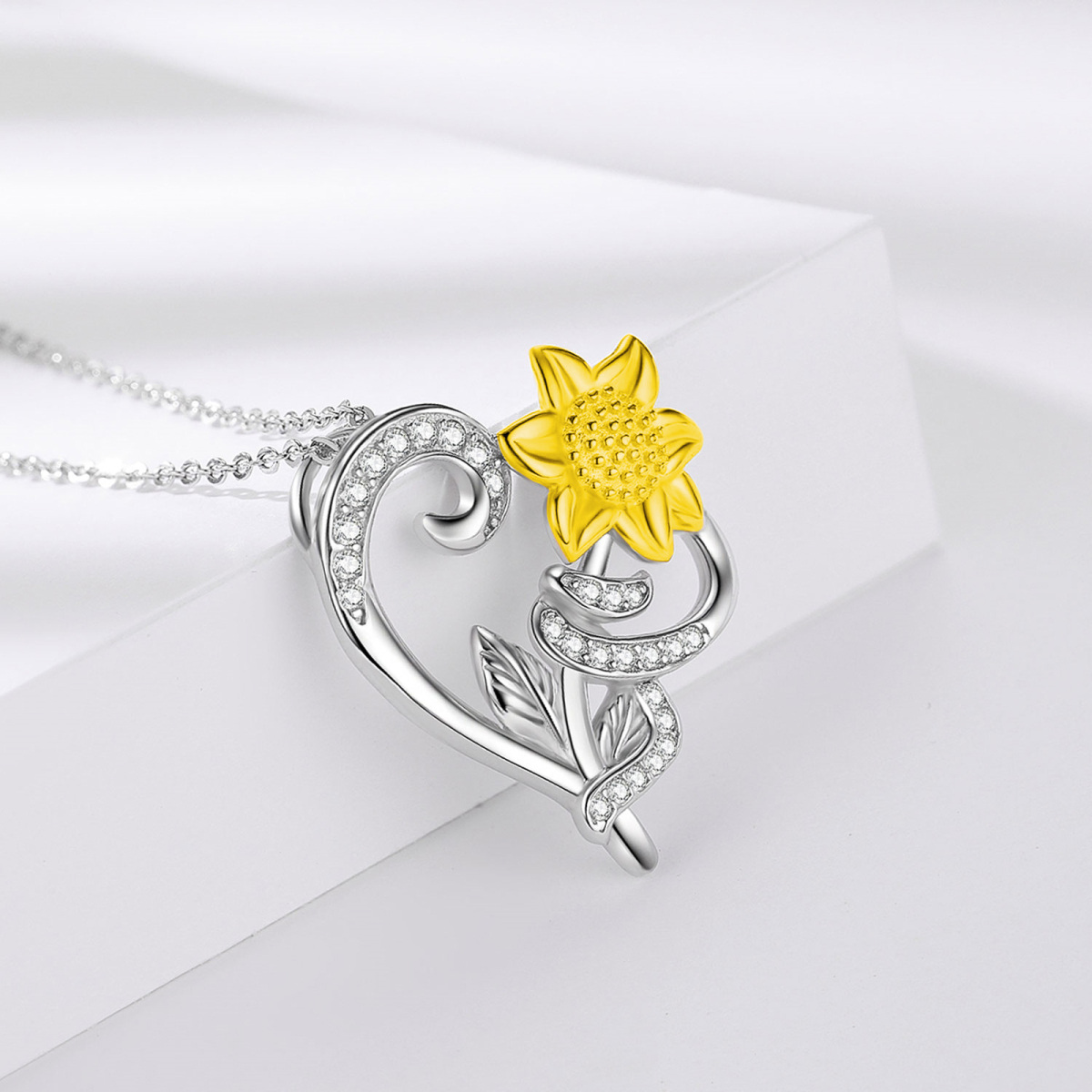 Sterling Silver Two-tone Circular Shaped Cubic Zirconia Sunflower & Heart Pendant Necklace-4