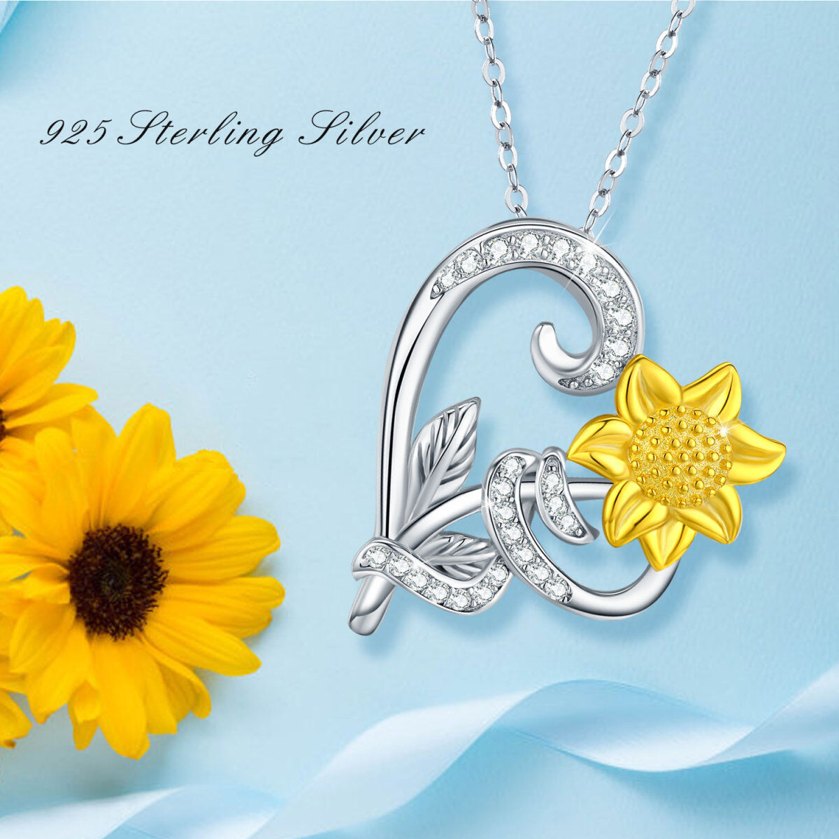 Sterling Silver Two-tone Circular Shaped Cubic Zirconia Sunflower & Heart Pendant Necklace-5