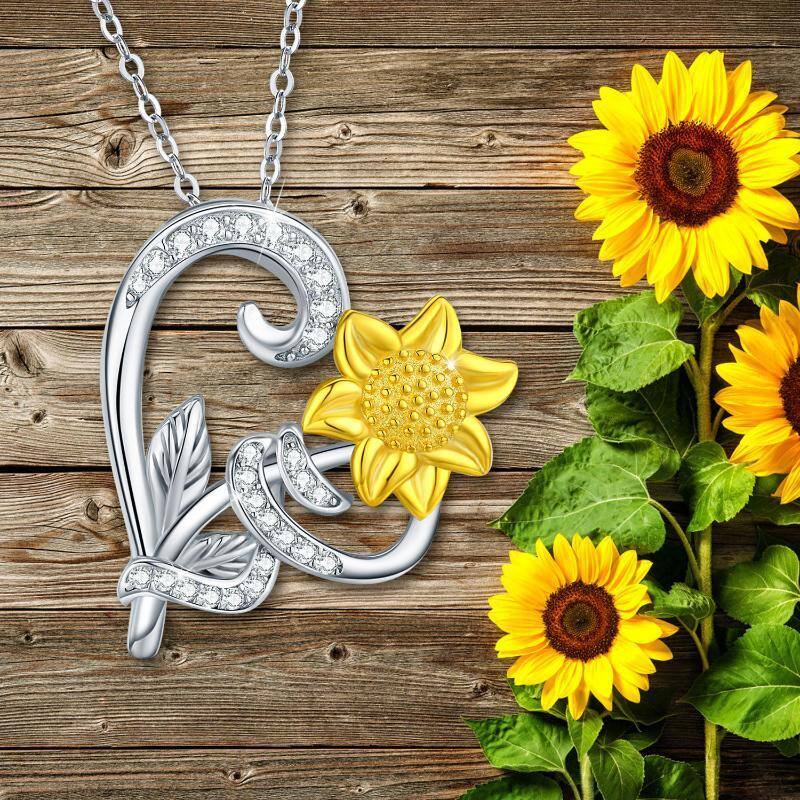 Sterling Silver Two-tone Circular Shaped Cubic Zirconia Sunflower & Heart Pendant Necklace-6