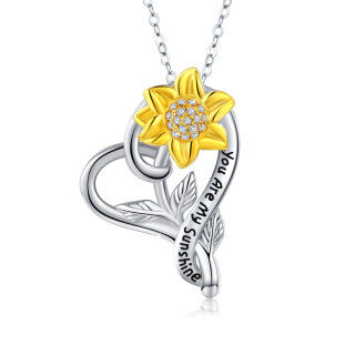 Sterling Silver Two-tone Circular Shaped Cubic Zirconia Sunflower & Heart Pendant Necklace with Engraved Word-25