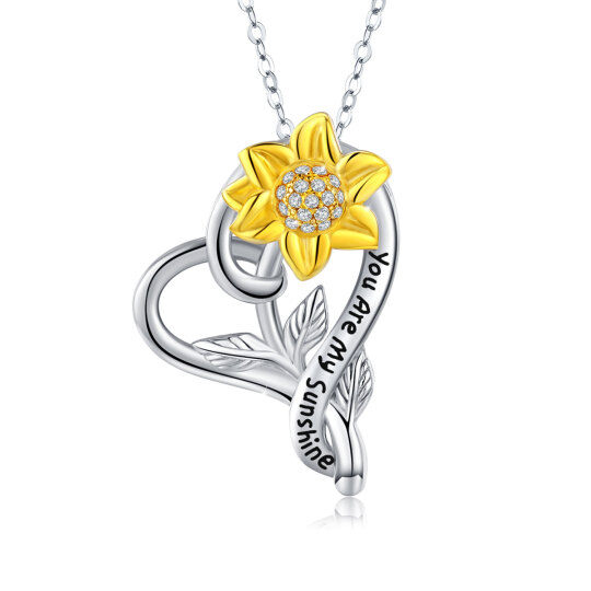 Sterling Silver Two-tone Circular Shaped Cubic Zirconia Sunflower & Heart Pendant Necklace with Engraved Word