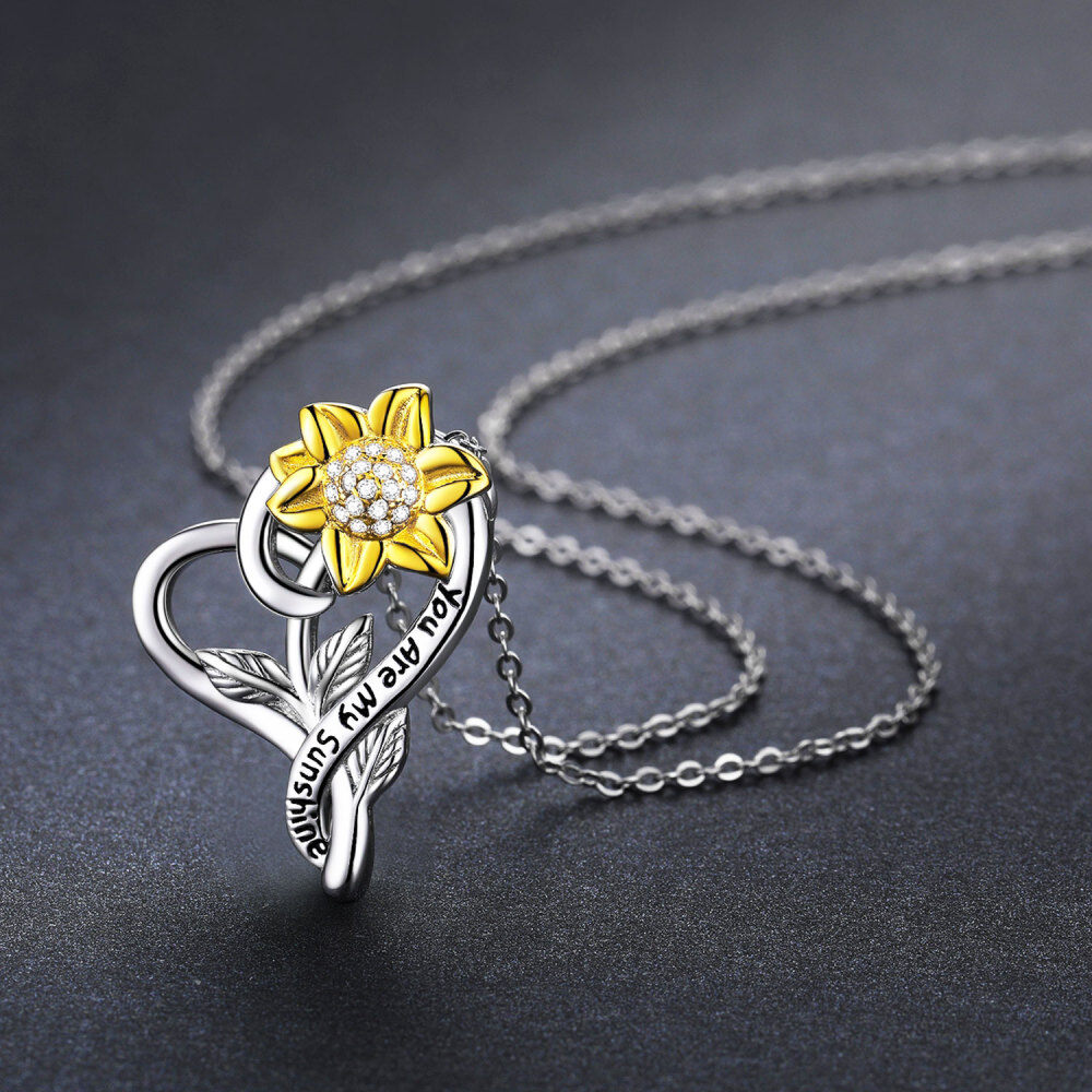 Sterling zilveren cirkelvormige zirkonia zonnebloem hart hanger ketting met gegraveerd woord-4