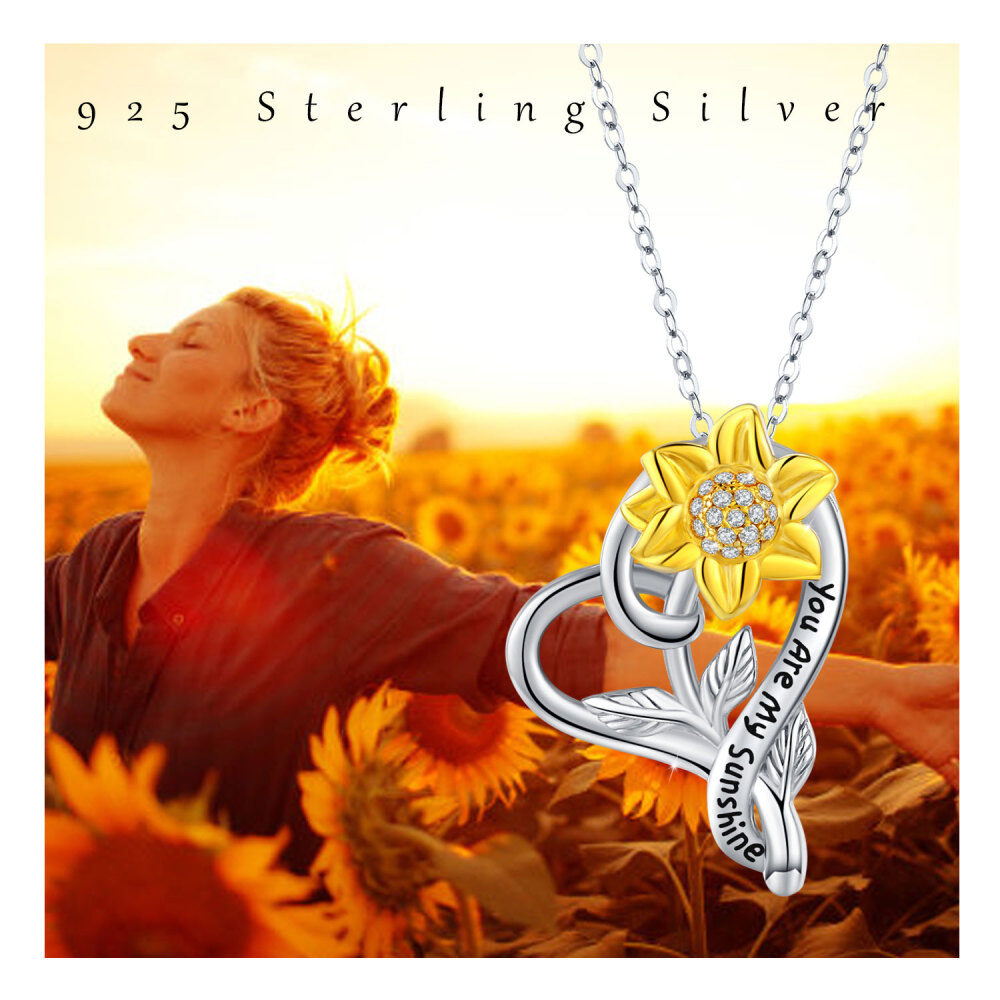 Sterling zilveren cirkelvormige zirkonia zonnebloem hart hanger ketting met gegraveerd woord-5
