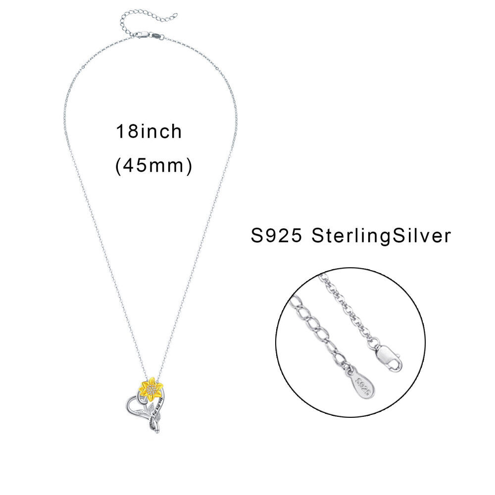 Sterling zilveren cirkelvormige zirkonia zonnebloem hart hanger ketting met gegraveerd woord-7