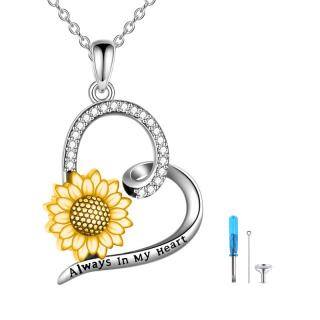 Sterling Silver Two-tone Circular Shaped Cubic Zirconia Sunflower & Heart Urn Necklace for Ashes with Engraved Word-44