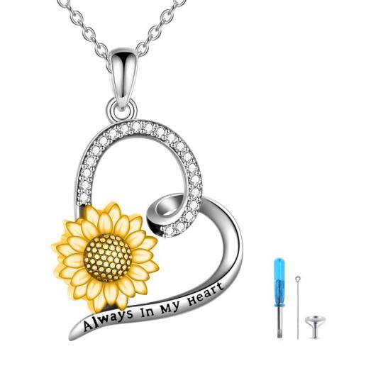 Sterling Silver Two-tone Circular Shaped Cubic Zirconia Sunflower & Heart Urn Necklace for Ashes with Engraved Word