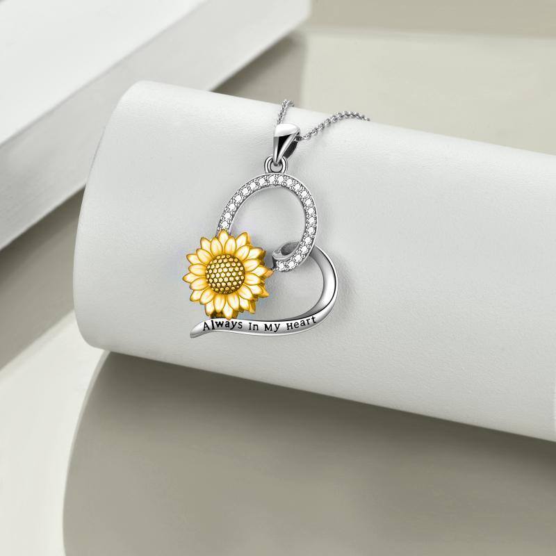 Sterling Silver Two-tone Circular Shaped Cubic Zirconia Sunflower & Heart Urn Necklace for Ashes with Engraved Word-4