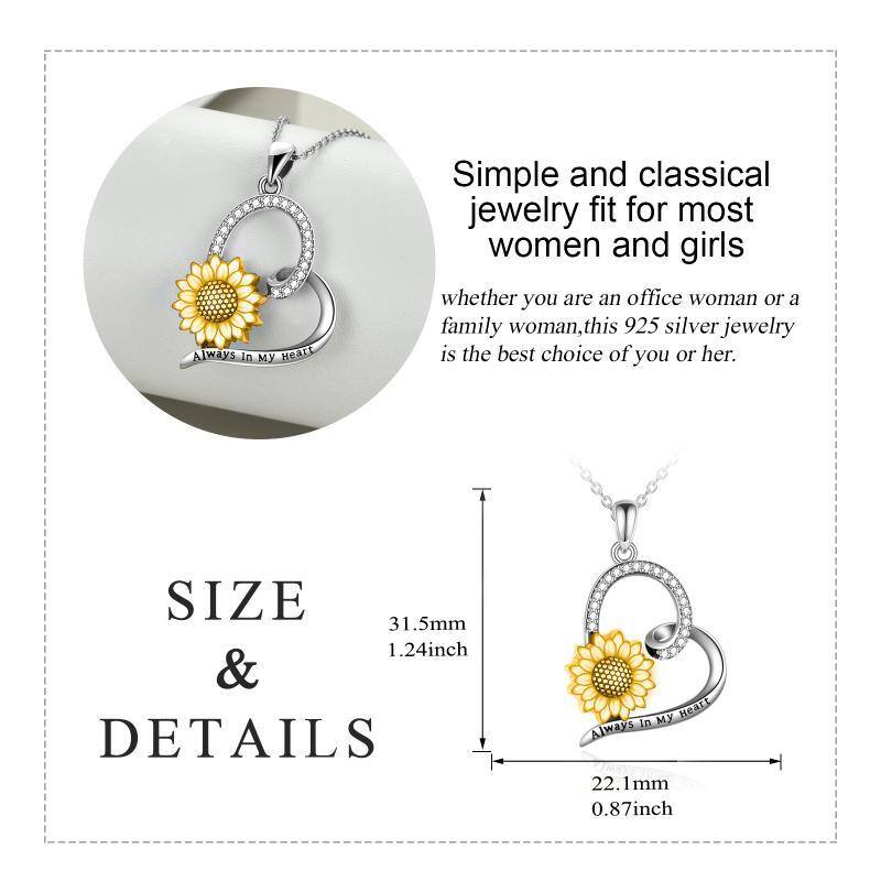 Sterling Silver Two-tone Circular Shaped Cubic Zirconia Sunflower & Heart Urn Necklace for Ashes with Engraved Word-5