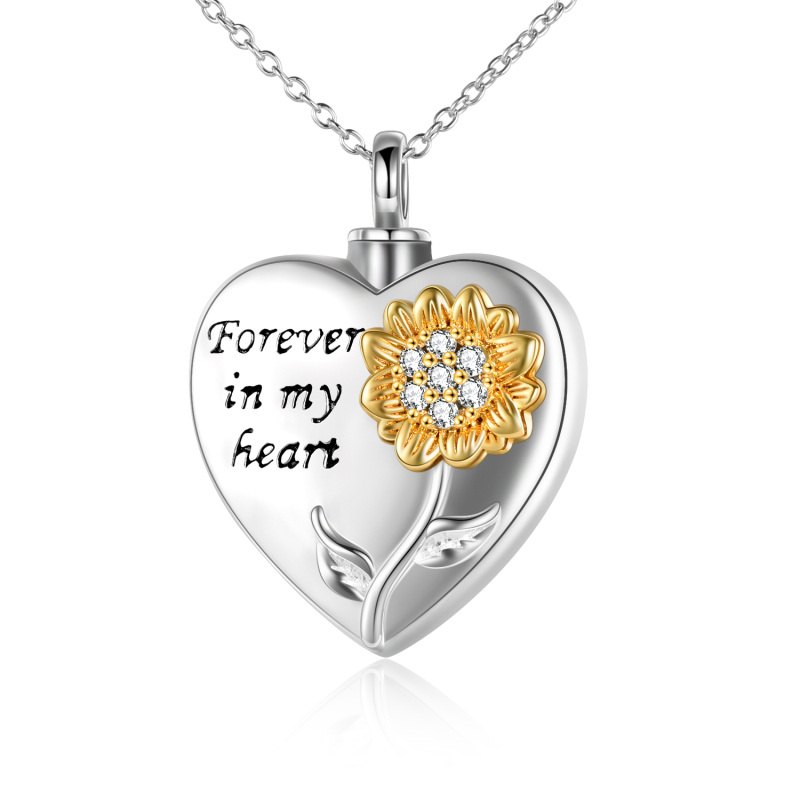 Sterling Silver Two-tone Circular Shaped Cubic Zirconia Sunflower & Heart Urn Necklace for Ashes with Engraved Word-11