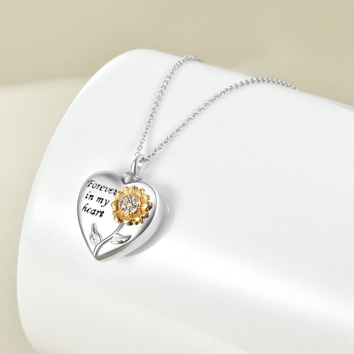 Sterling Silver Two-tone Circular Shaped Cubic Zirconia Sunflower & Heart Urn Necklace for Ashes with Engraved Word-3