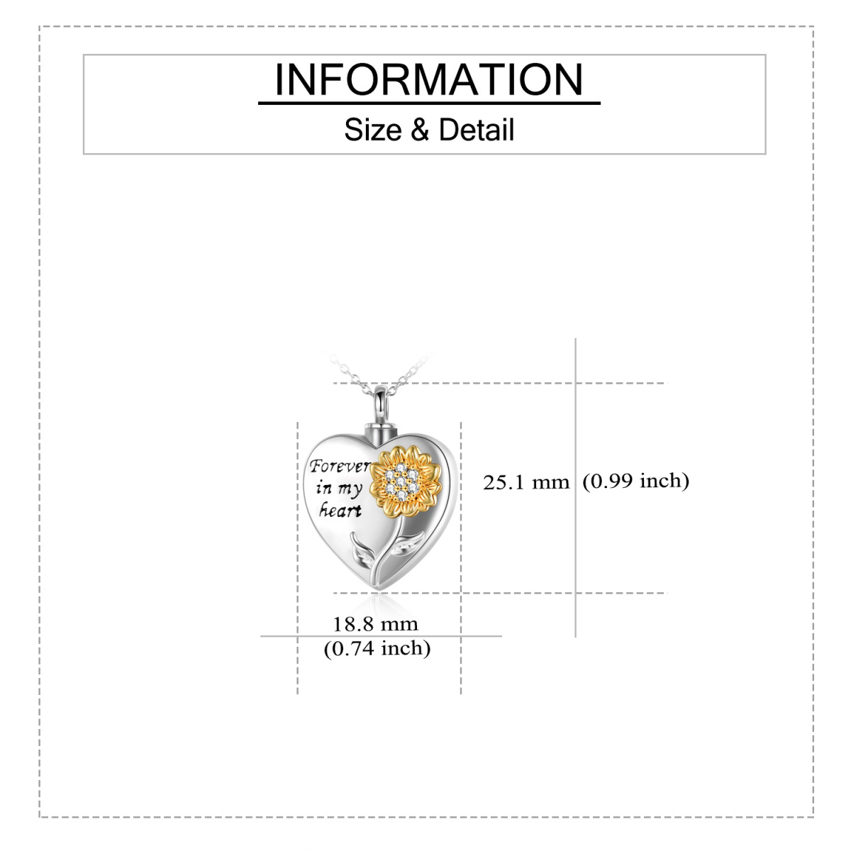 Zweifarbige Urnenhalskette aus Sterlingsilber mit kreisförmigem Zirkonia in Sonnenblumen-Herzform für die Asche und eingraviertem Wort-5