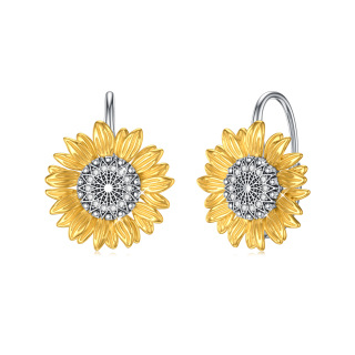 Sterling Silver Two-tone Circular Shaped Cubic Zirconia Sunflower Hoop Earrings-8