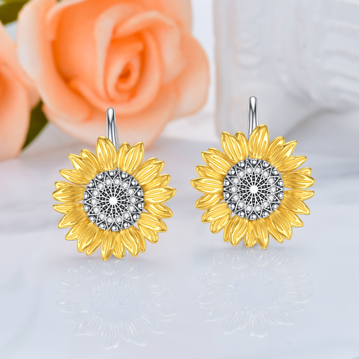 Sterling Silver Two-tone Circular Shaped Cubic Zirconia Sunflower Hoop Earrings-3