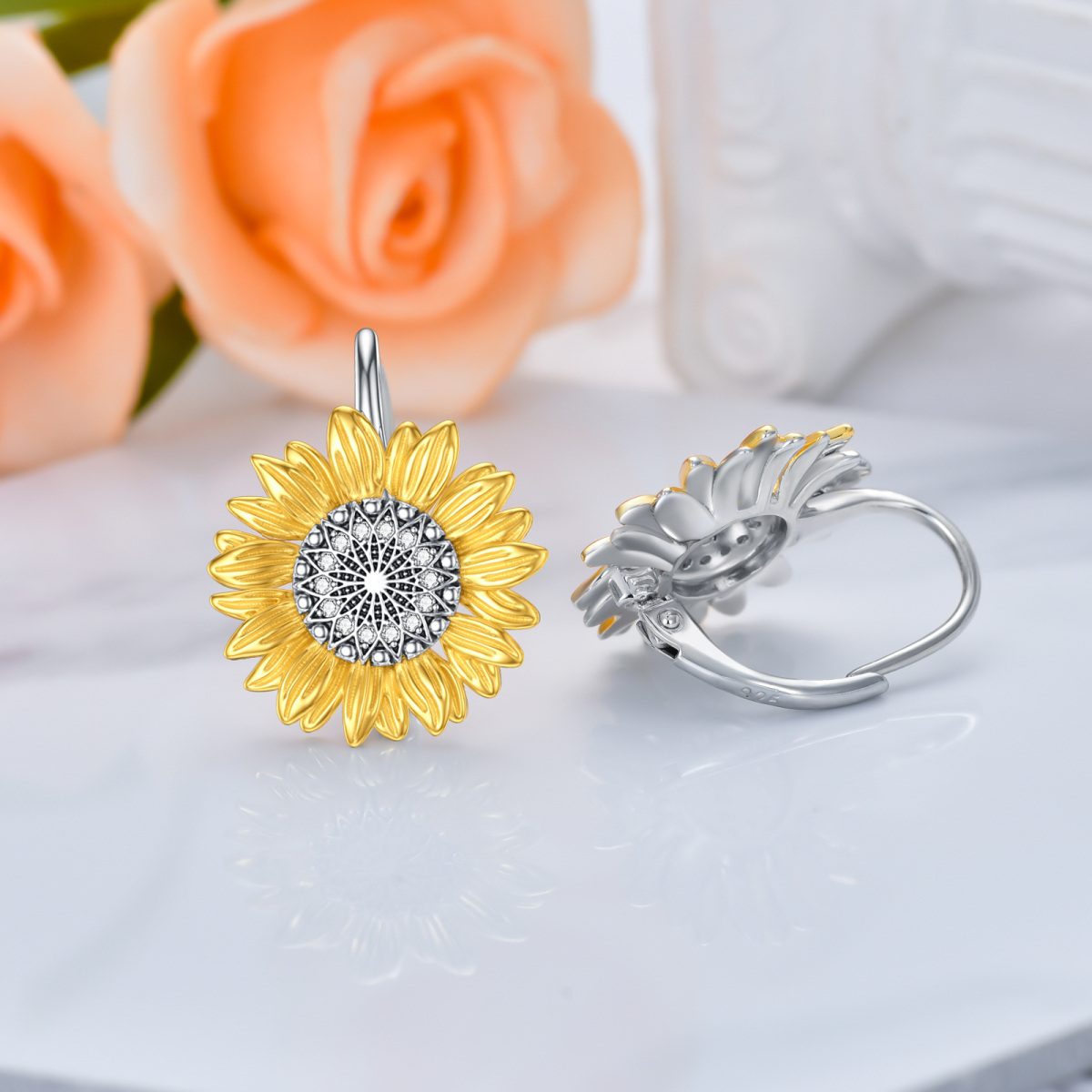 Sterling Silver Two-tone Circular Shaped Cubic Zirconia Sunflower Hoop Earrings-4