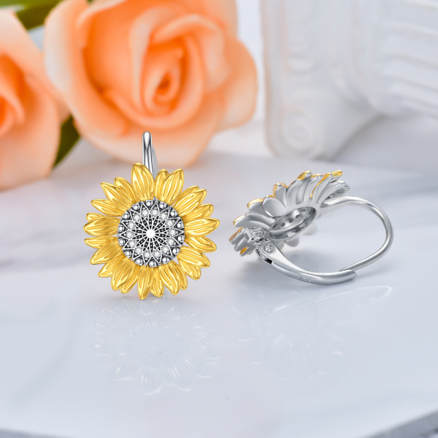 Orecchini a cerchio in argento sterling bicolore a forma di circolare con girasole di zirc-4