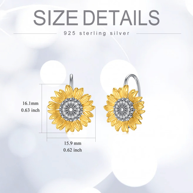 Sterling Silver Two-tone Circular Shaped Cubic Zirconia Sunflower Hoop Earrings-5