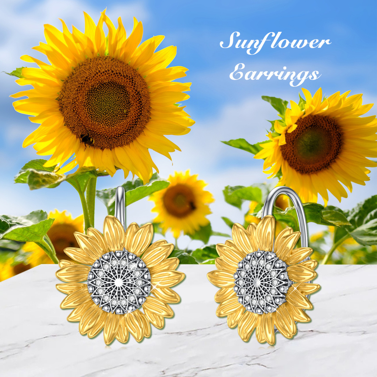 Sterling Silver Two-tone Circular Shaped Cubic Zirconia Sunflower Hoop Earrings-6