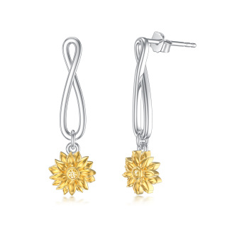 Sterling Silver Two-tone Circular Shaped Cubic Zirconia Sunflower & Infinity Symbol Drop Earrings-4