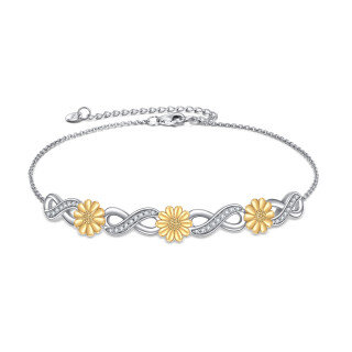 Sterling Silver Two-tone Circular Shaped Cubic Zirconia Sunflower & Infinity Symbol Pendant Bracelet-4