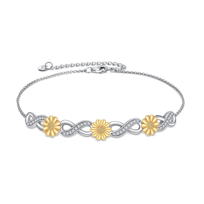 Sterling Silver Two-tone Circular Shaped Cubic Zirconia Sunflower & Infinity Symbol Charm Bracelet-7
